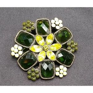 Vintage 1928 Bronze Tone Floral Green Yellow Rhinestone Crystals & Beads Brooch